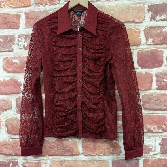 VTG Moda International Top Womens M Red Floral Lace Romantic Chic Sheer Shirt - Picture 1 of 8